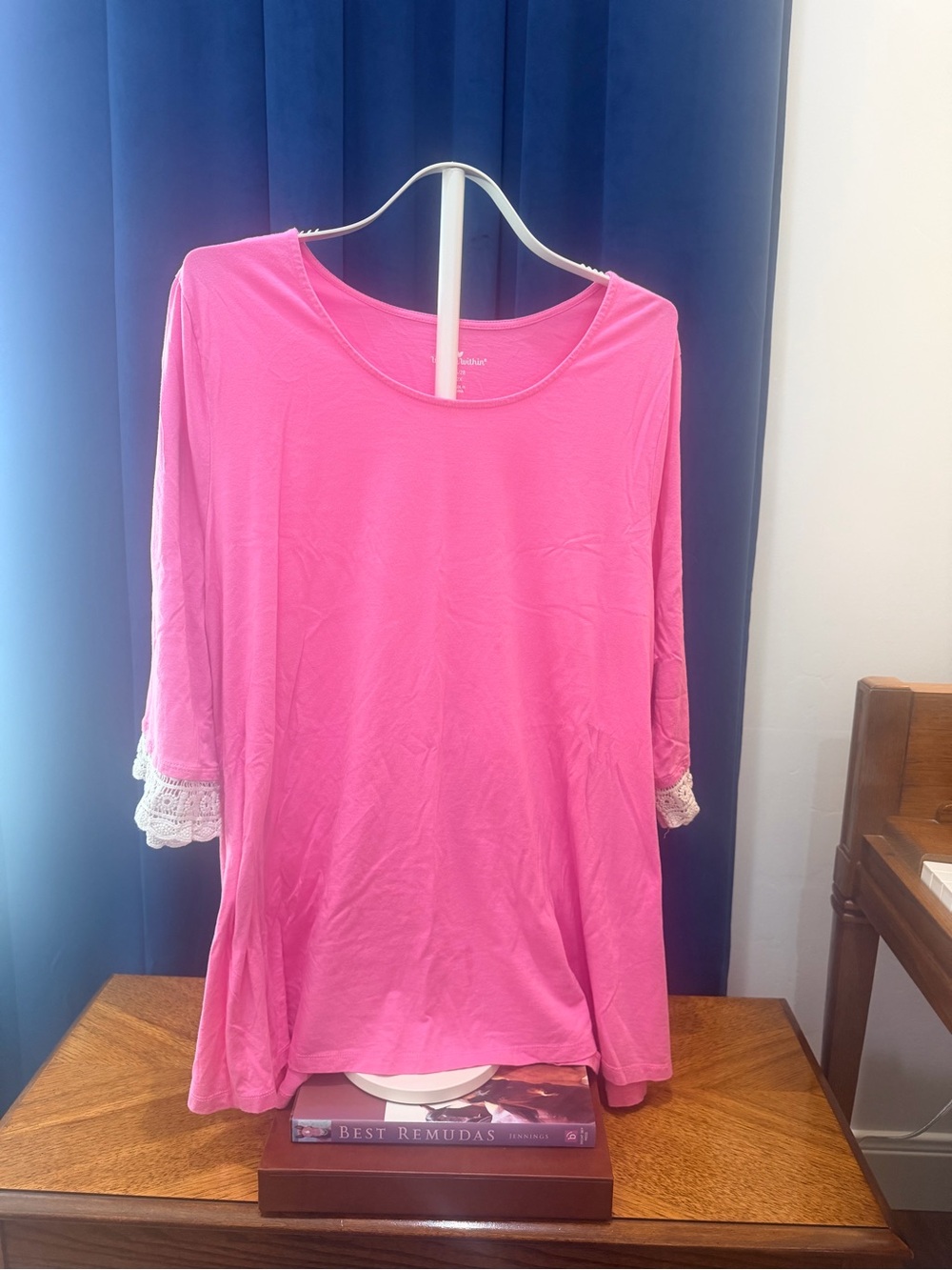 Woman Within Pink Scoop Neck Tunic with Lace Cuffs